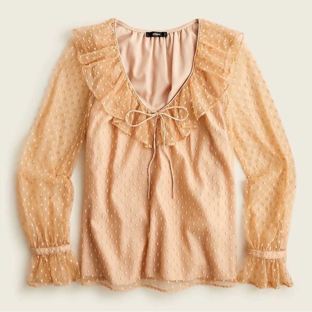 NWT J. Crew Ruffleneck Clip-dot Top Bow Detail Cream Sheer Long Sleeve size XL - Picture 3 of 9